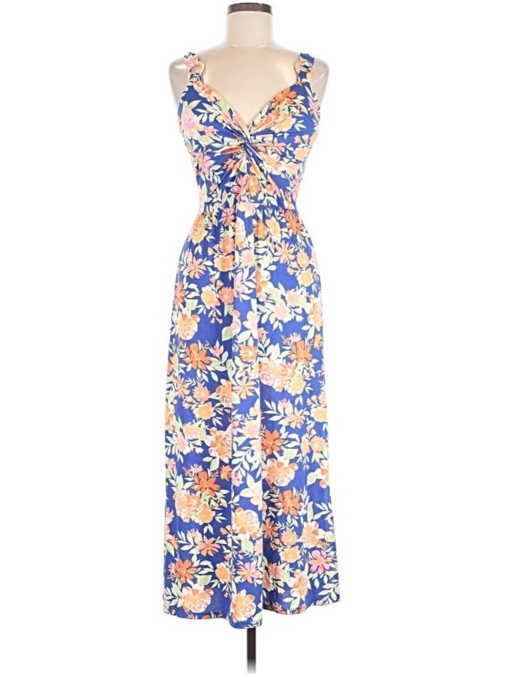 Floral Twist-Front Blue Maxi Dress with Orange & Cream Print